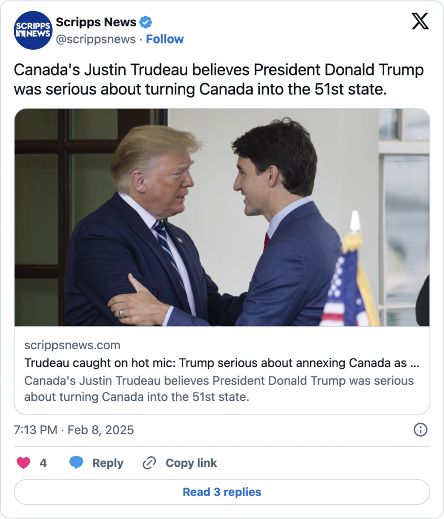 Canada's Justin Trudeau believes President Donald Trump was serious about turning Canada into the 51st state.