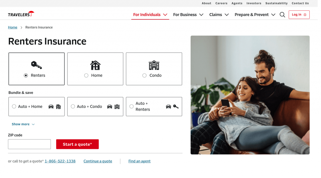 Travelers renters insurance page